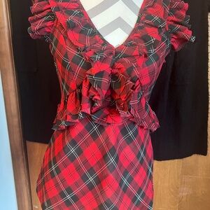 Plaid Ruffle V-Neck Top - Red